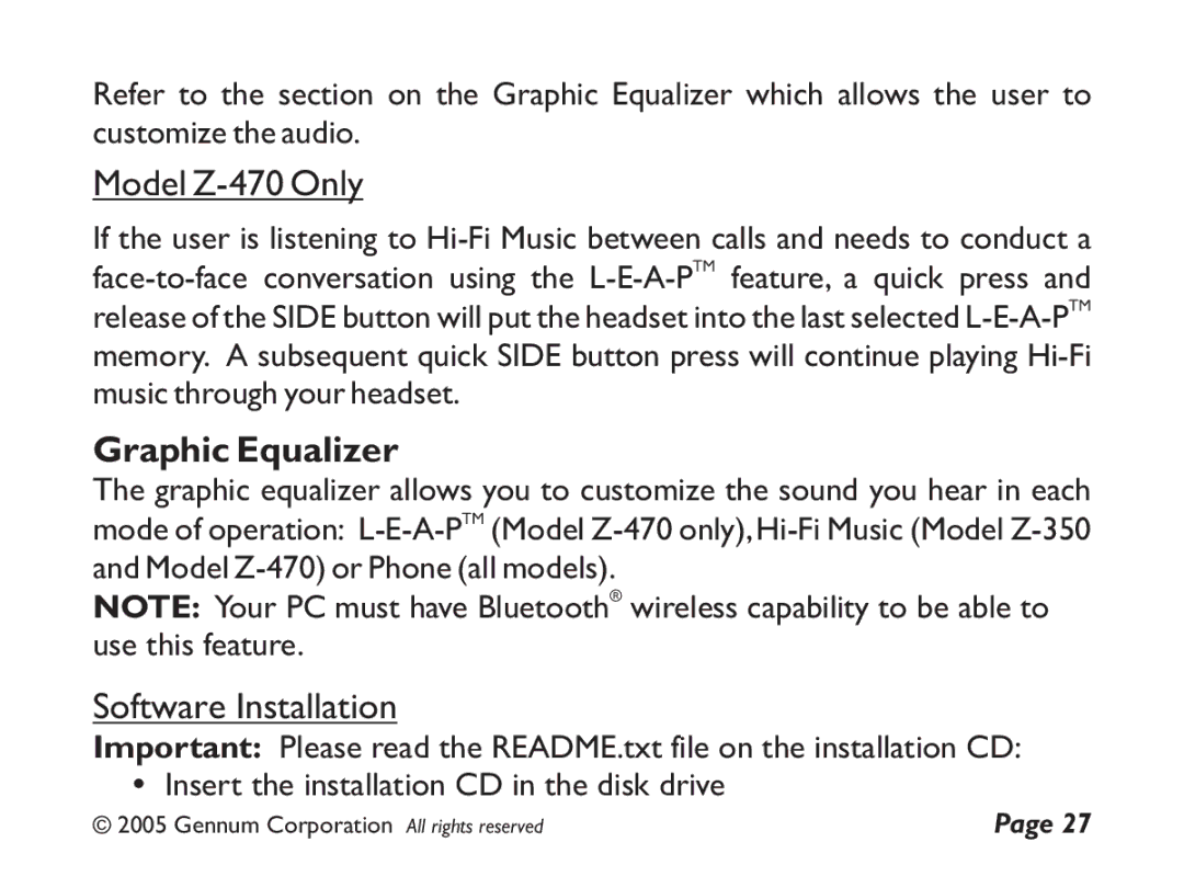 GENNUM Z-280 user manual Model Z-470 Only, Graphic Equalizer 