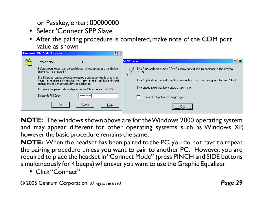 GENNUM Z-280 user manual Or Passkey, enter Select Connect SPP Slave 