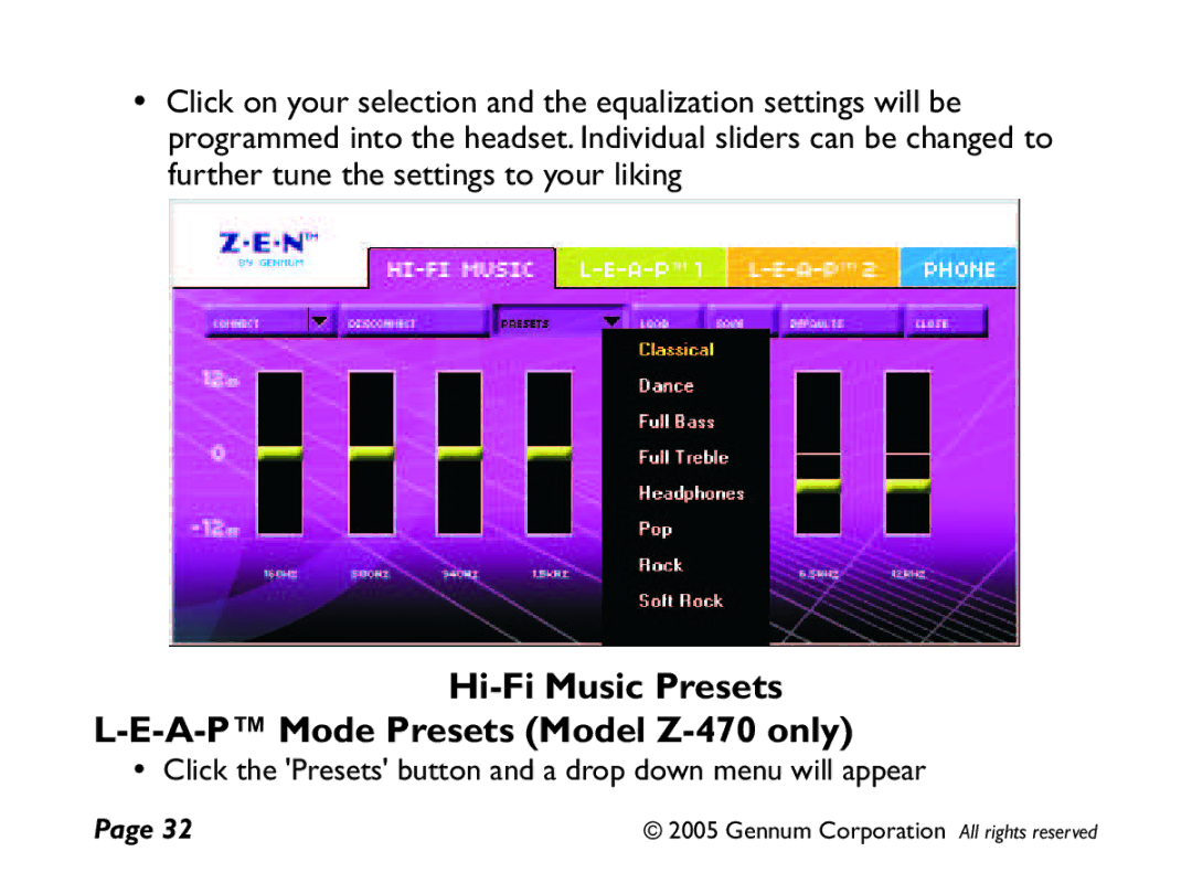 GENNUM Z-280 user manual Hi-Fi Music Presets A-P Mode Presets Model Z-470 only 