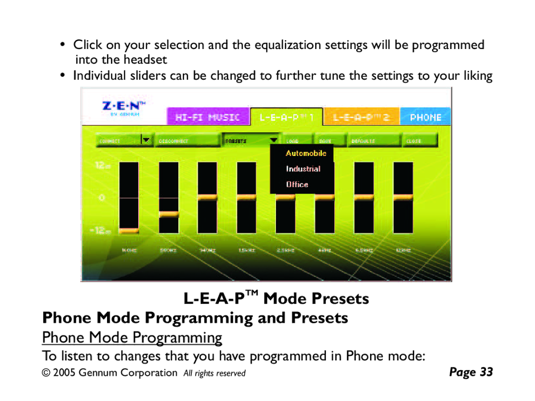 GENNUM Z-280 user manual A-PTMMode Presets Phone Mode Programming and Presets 