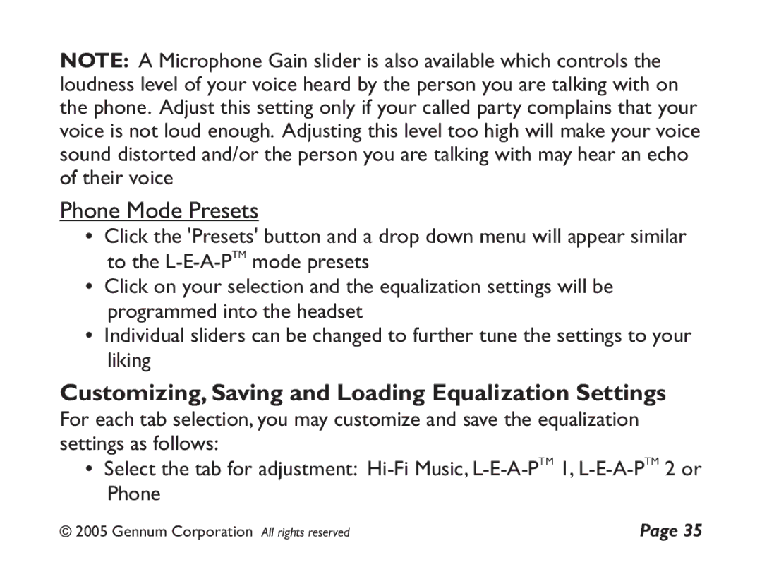 GENNUM Z-280 user manual Phone Mode Presets, Customizing, Saving and Loading Equalization Settings 