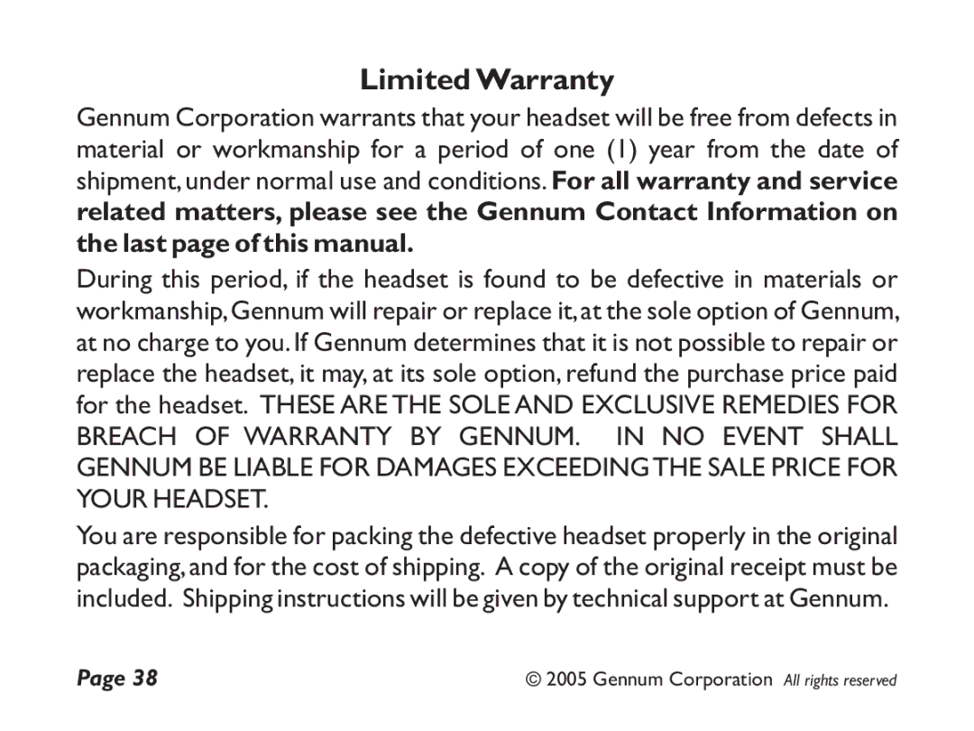 GENNUM Z-280 user manual Limited Warranty 