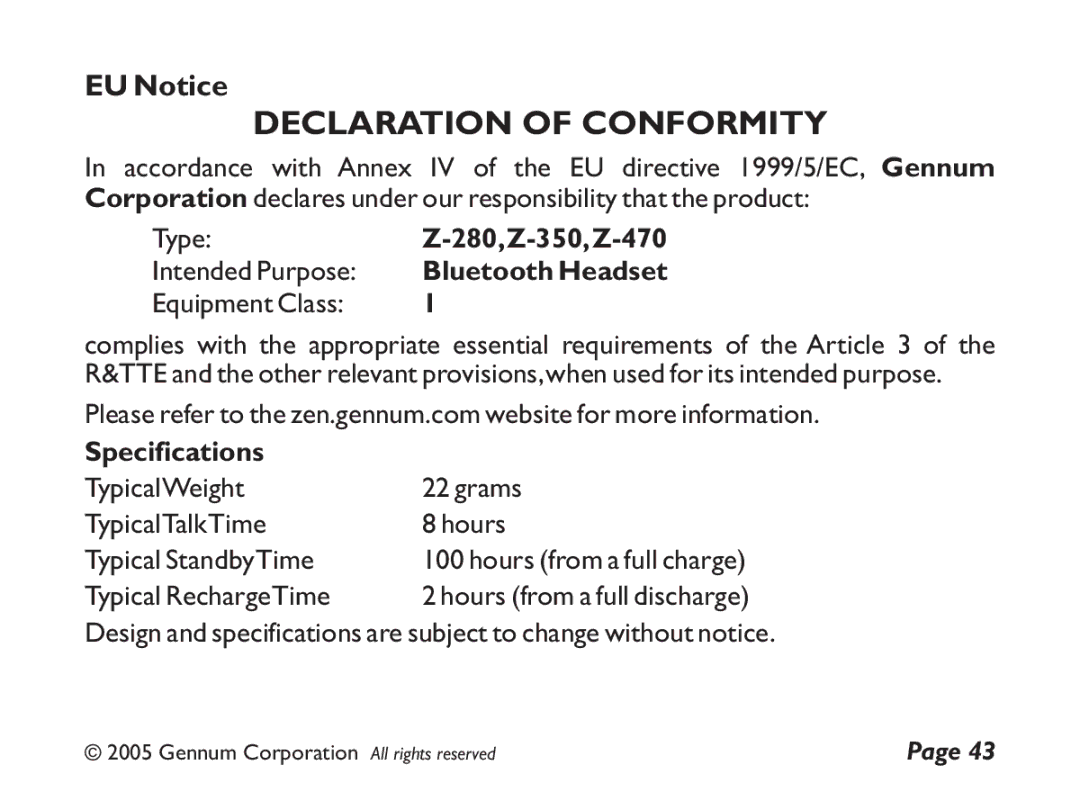 GENNUM Z-280 user manual Declaration of Conformity 