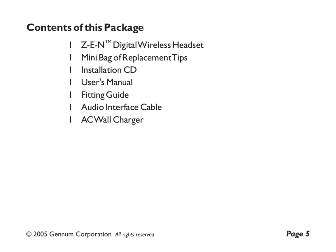 GENNUM Z-280 user manual Contents of this Package 