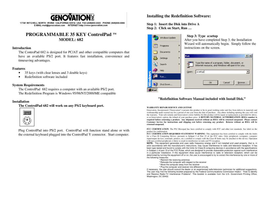 Genovation 682 software manual Programmable 35 KEY ControlPad TM, Model, Installing the Redefinition Software 