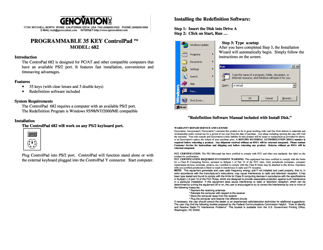 Genovation 682 software manual PROGRAMMABLE 35 KEY ControlPad TM, Model, Installing the Redefinition Software, Features 