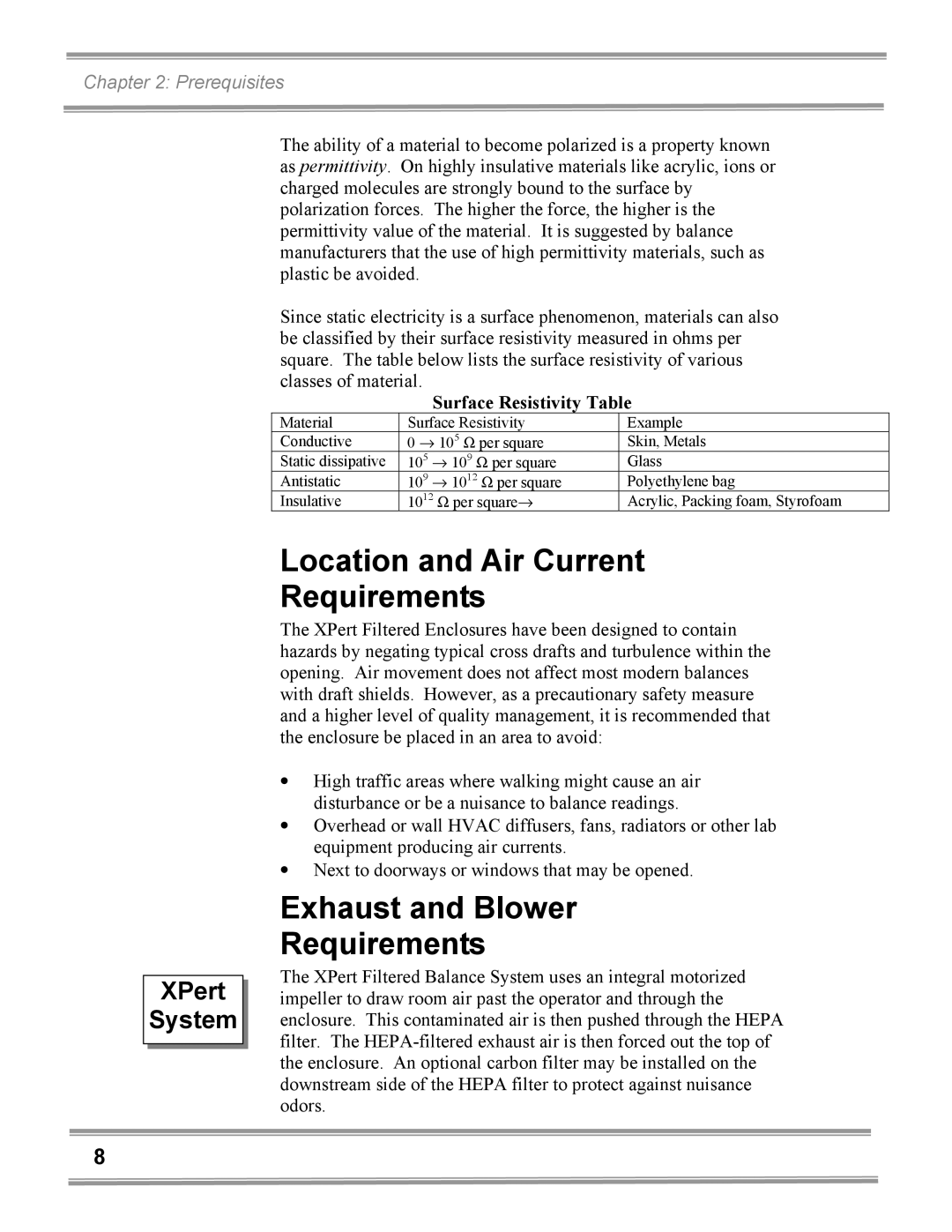 Gentek 3950301, 3940200 Location and Air Current Requirements, Exhaust and Blower Requirements, Surface Resistivity Table 