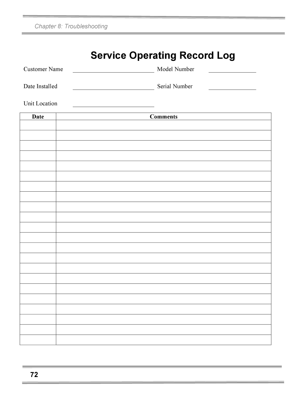 Gentek 3940422 3950200, 3940200, 3950320, 3950202, 3940421, 3940320, 3940402 Service Operating Record Log, Date Comments 