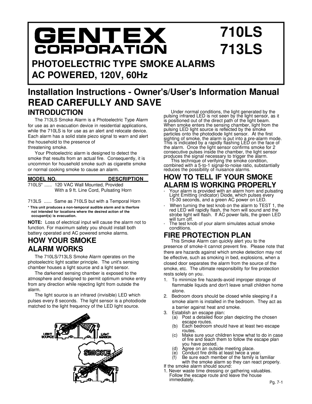 Gentek 713LS, 710LS installation instructions Introduction, HOW Your Smoke Alarm Works, Fire Protection Plan 