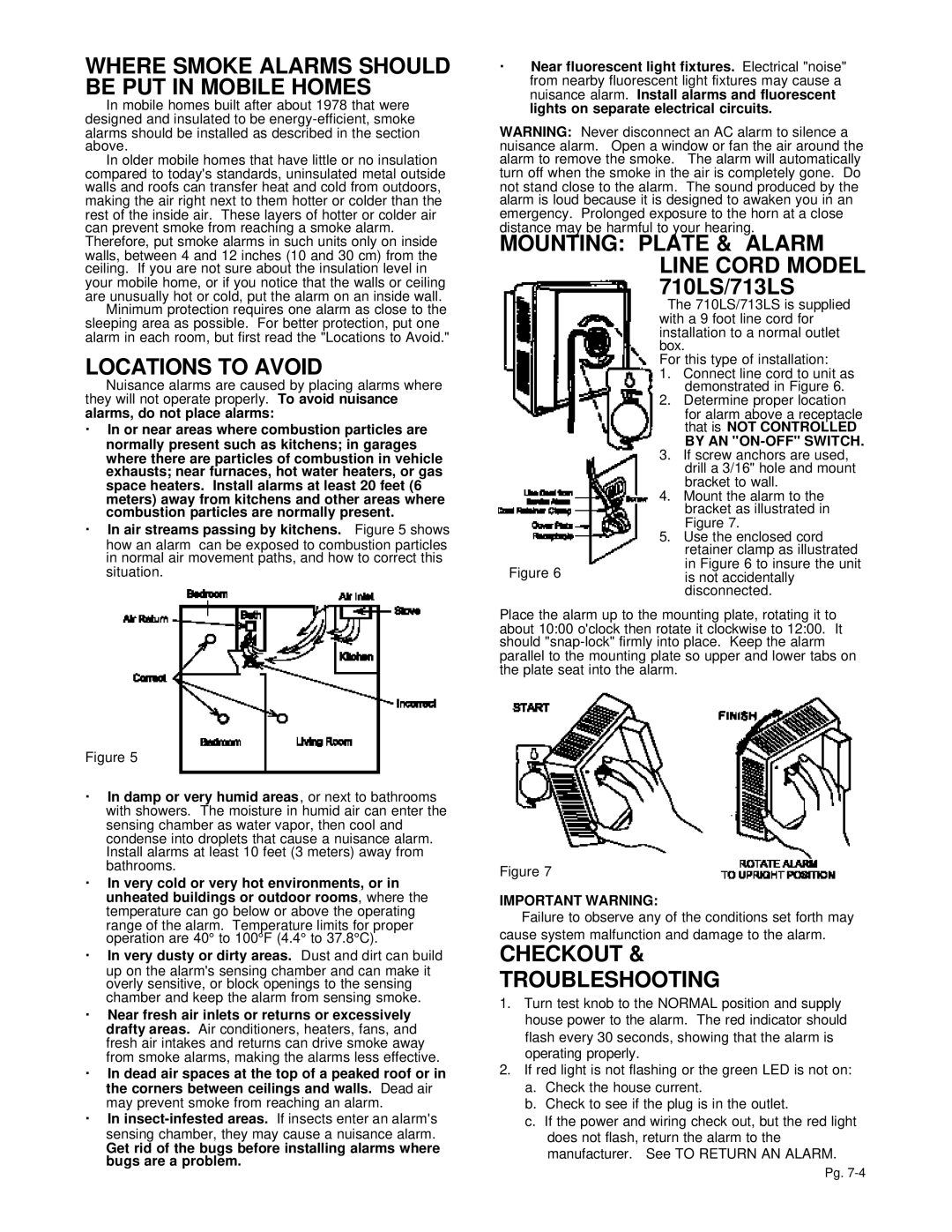 Gentek 710LS, 713LS Where Smoke Alarms should be PUT in Mobile Homes, Locations to Avoid, Checkout Troubleshooting 