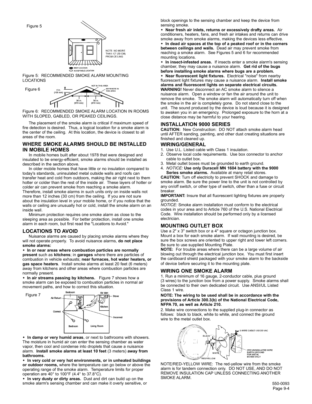 Gentek 9223, 9220, 9120 Where Smoke Alarms should be Installed in Mobile Homes, Locations to Avoid, Mounting Outlet BOX 