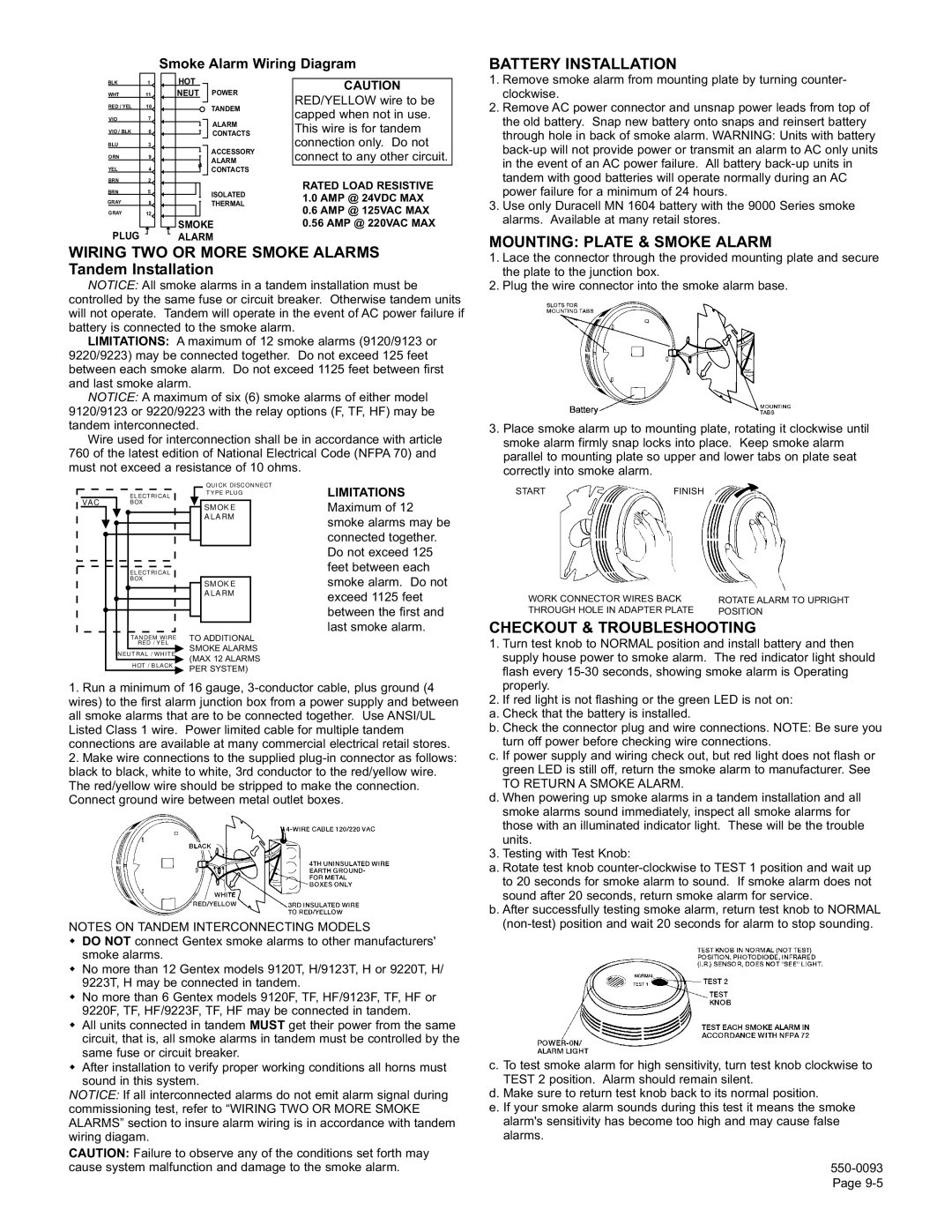 Gentek 9220 Wiring TWO or More Smoke Alarms, Battery Installation, Mounting Plate & Smoke Alarm, To Return a Smoke Alarm 