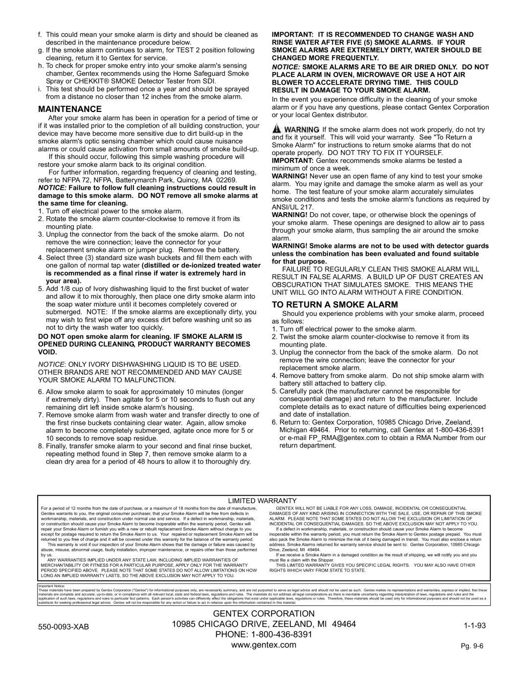 Gentek 9120, 9223, 9220, 9123 installation instructions Maintenance, To Return a Smoke Alarm, Limited Warranty 