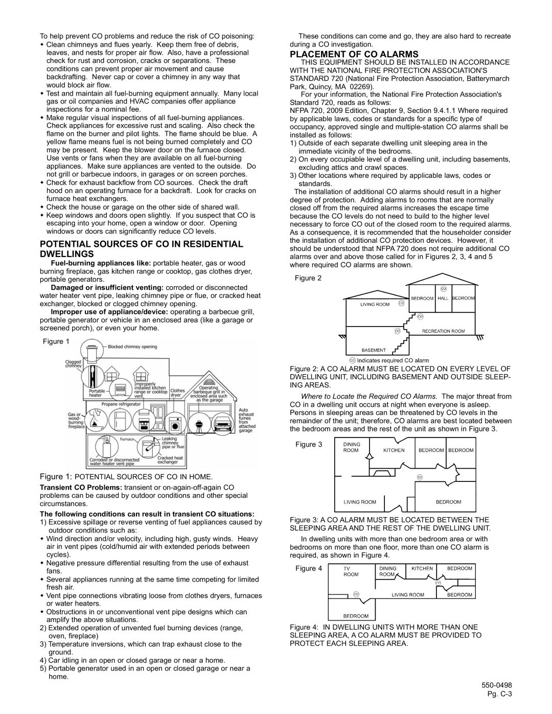 Gentek CO1209 installation instructions Potential Sources Of Co In Residential Dwellings, Placement Of Co Alarms 