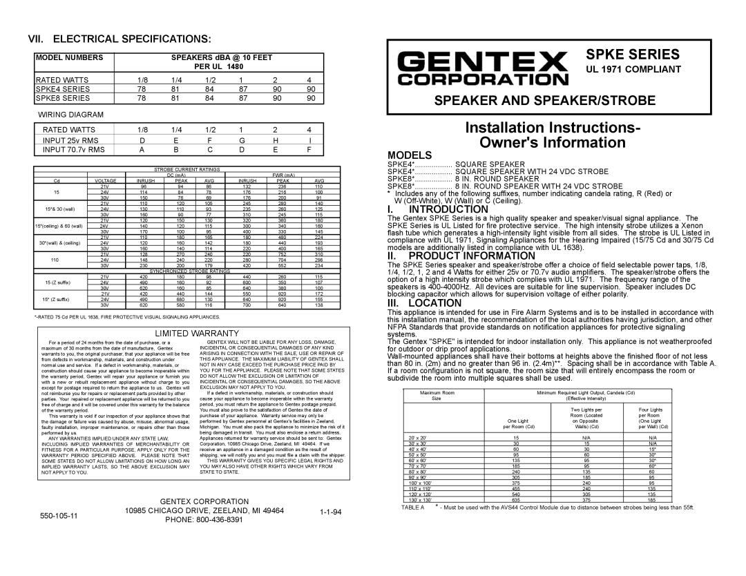 Gentek SPKE4 installation instructions VII. Electrical Specifications, Models, Introduction, II. Product Information 