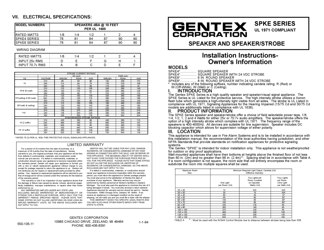 Gentek SPKE4 installation instructions Vii. Electrical Specifications, Models, Introduction, Ii. Product Information 