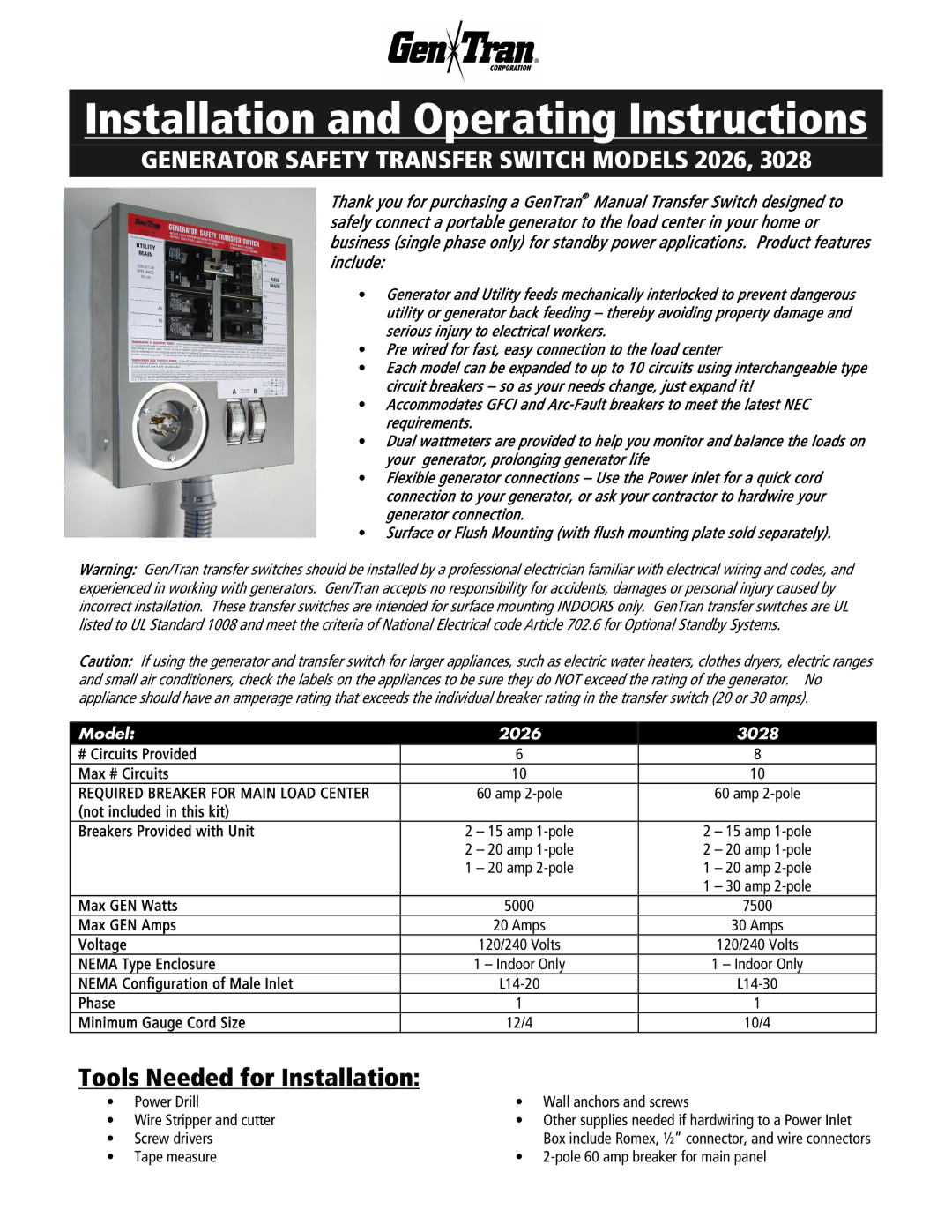 GenTran operating instructions Tools Needed for Installation, Model 2026 3028 