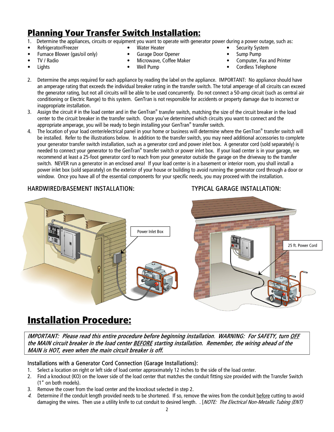 GenTran 3028, 2026 operating instructions Installation Procedure, Planning Your Transfer Switch Installation 