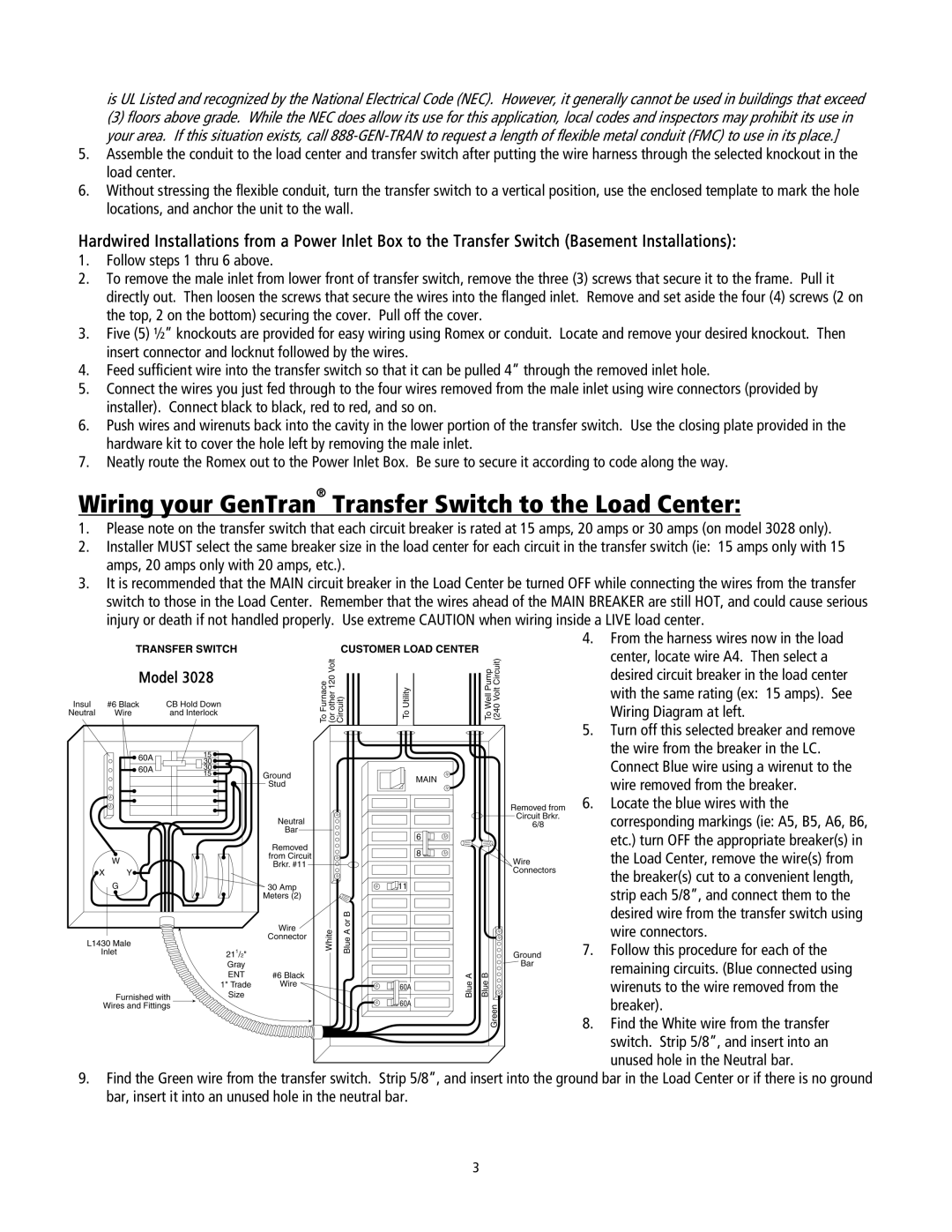 GenTran 2026, 3028 operating instructions Wiring your GenTran Transfer Switch to the Load Center 