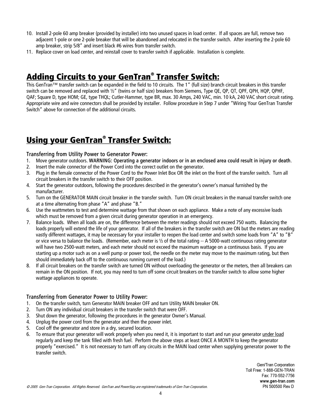 GenTran 3028, 2026 Adding Circuits to your GenTran Transfer Switch, Using your GenTran Transfer Switch 