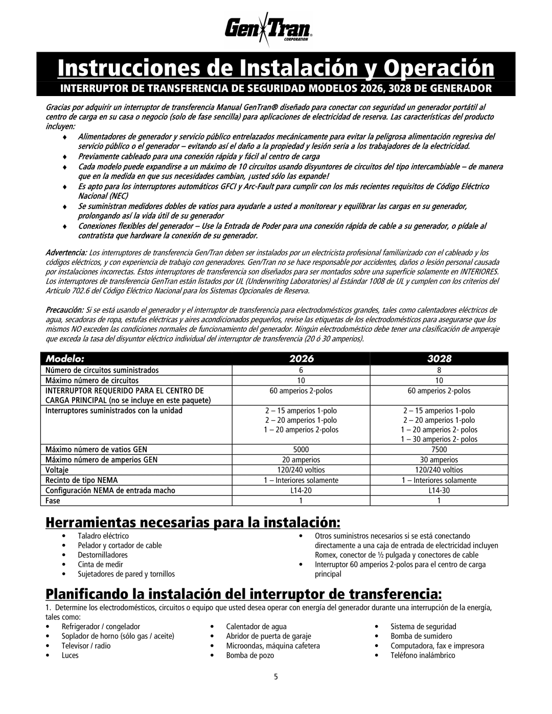 GenTran operating instructions Herramientas necesarias para la instalación, Modelo 2026 3028 