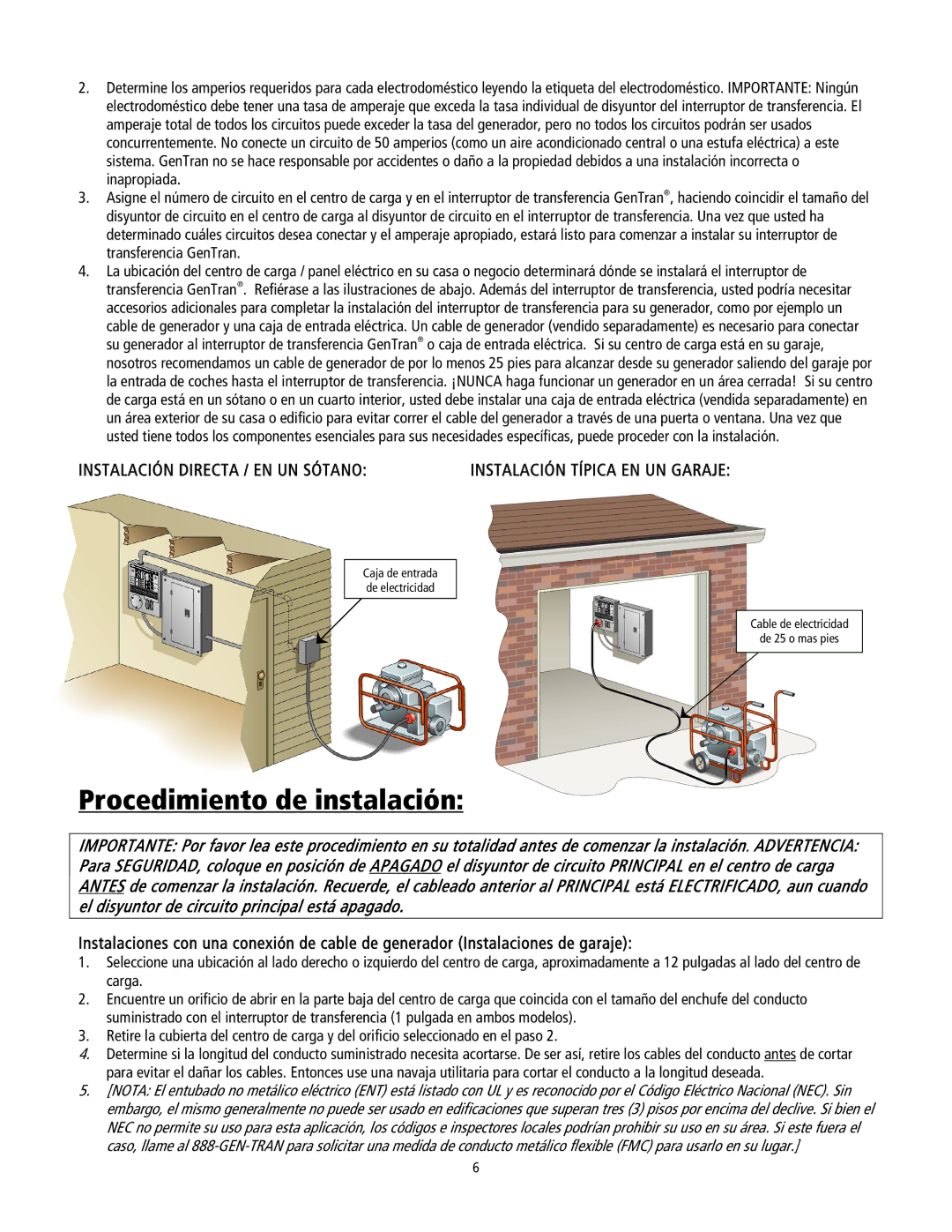 GenTran 3028, 2026 operating instructions Procedimiento de instalación, Instalación Directa / EN UN Sótano 