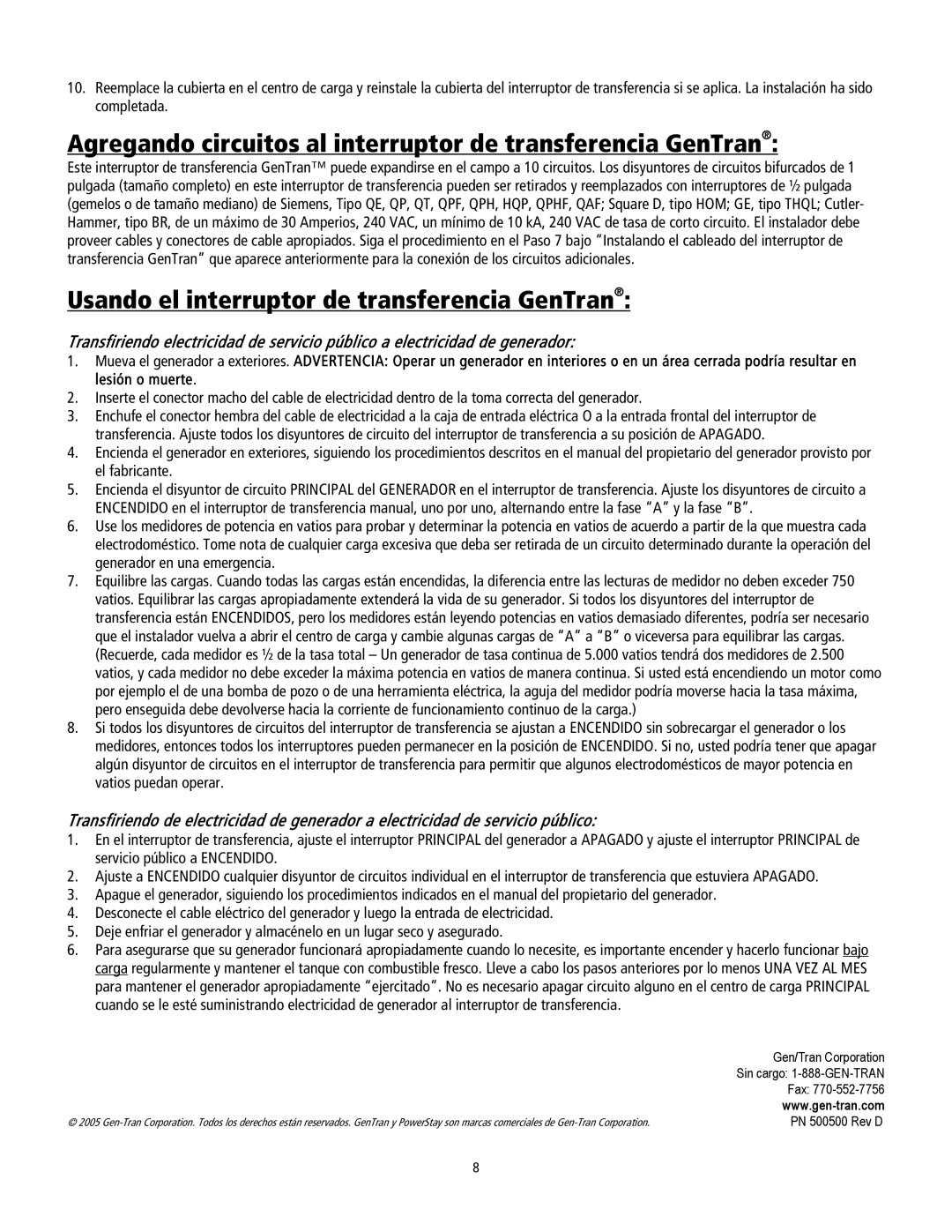 GenTran 3028 Agregando circuitos al interruptor de transferencia GenTran, Usando el interruptor de transferencia GenTran 