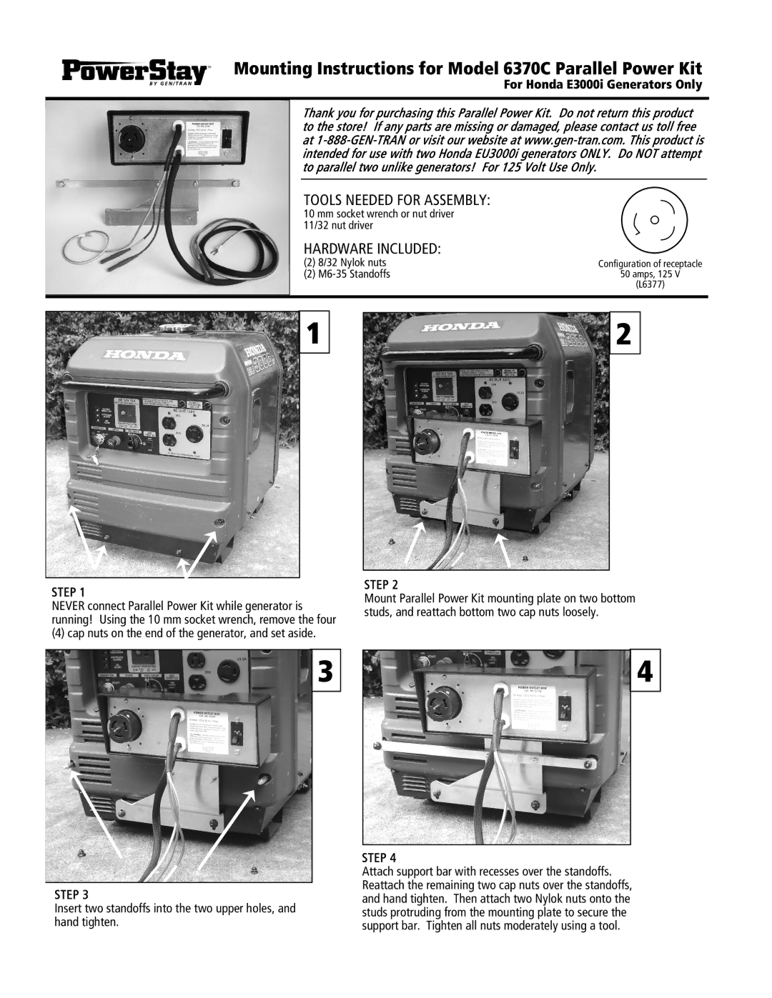 GenTran manual Mounting Instructions for Model 6370C Parallel Power Kit, Tools Needed for Assembly, Hardware Included 