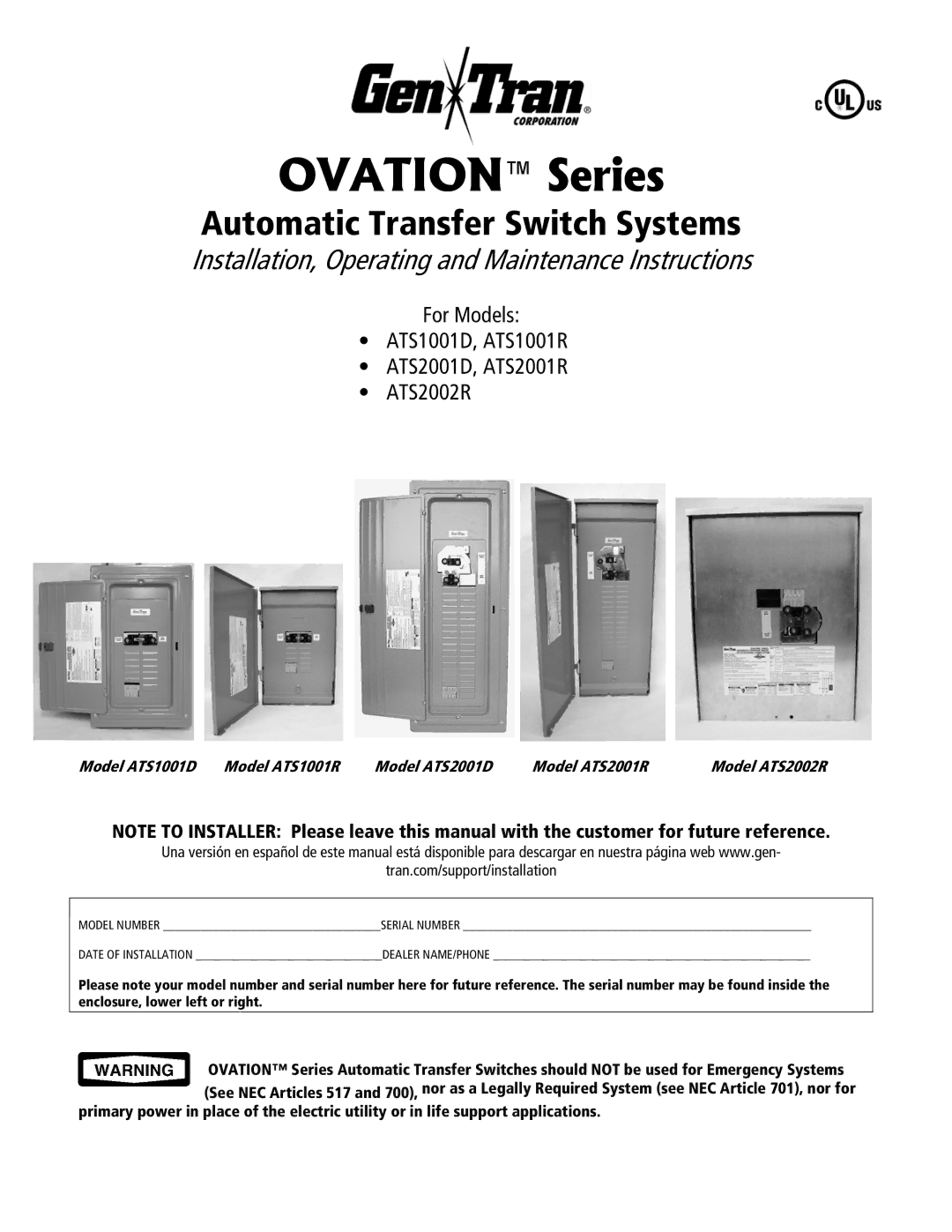 GenTran ATS2001R, ATS2002R, ATS2001D, ATS1001R, ATS1001D manual Ovation Series 