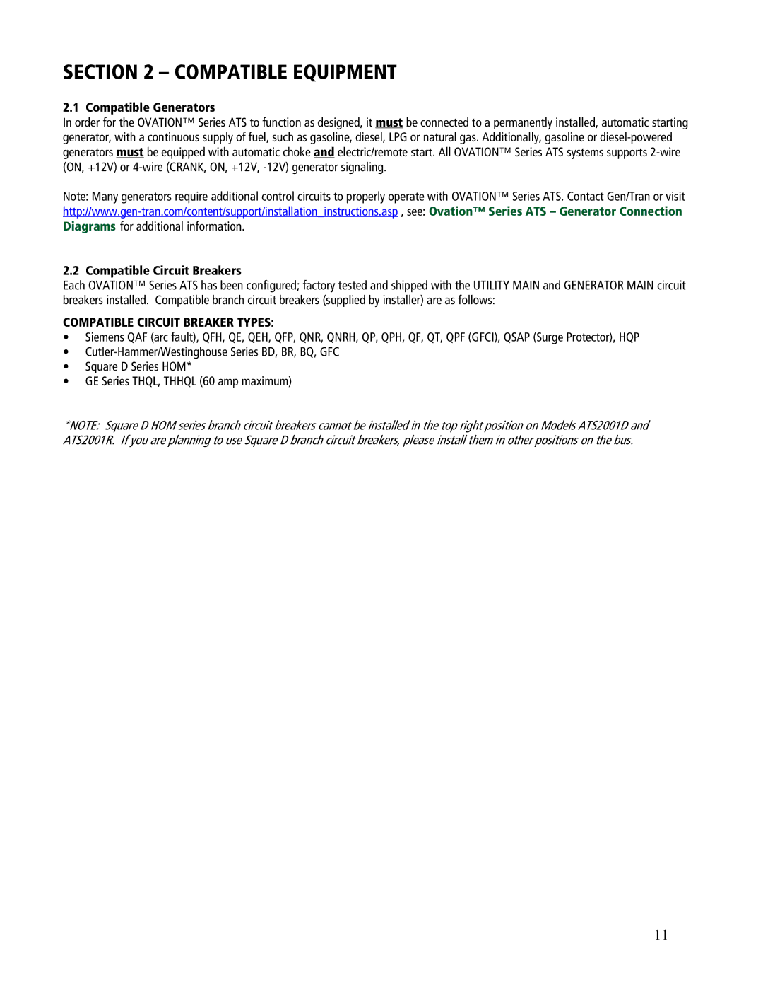 GenTran ATS2001R, ATS2002R, ATS2001D, ATS1001R manual Compatible Equipment, Compatible Generators, Compatible Circuit Breakers 