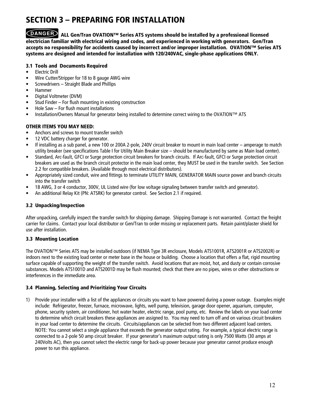 GenTran ATS2001D, ATS2002R, ATS2001R, ATS1001R, ATS1001D manual Preparing for Installation, Other Items YOU MAY Need 