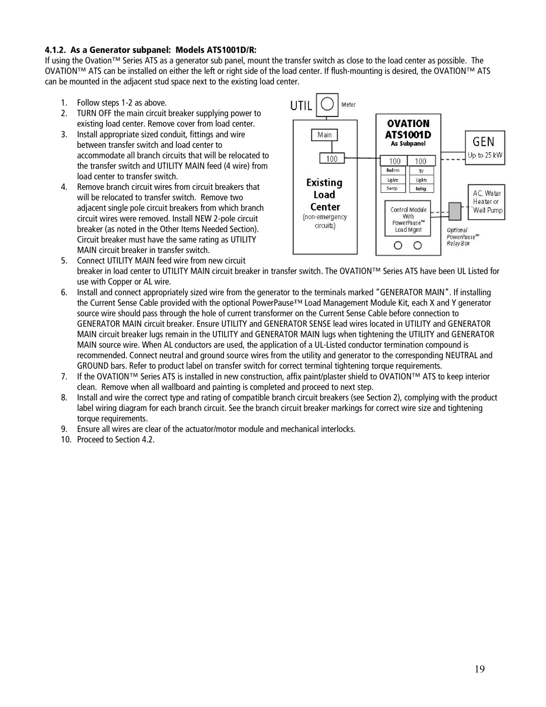 GenTran ATS2002R, ATS2001R, ATS2001D, ATS1001R manual As a Generator subpanel Models ATS1001D/R 