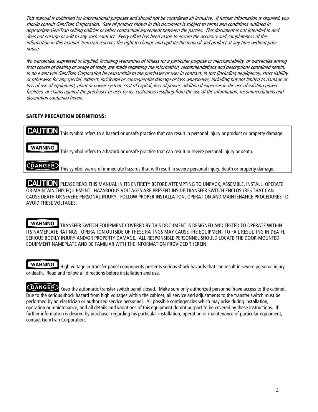 GenTran ATS2001D, ATS2002R, ATS2001R, ATS1001R, ATS1001D manual Safety Precaution Definitions 