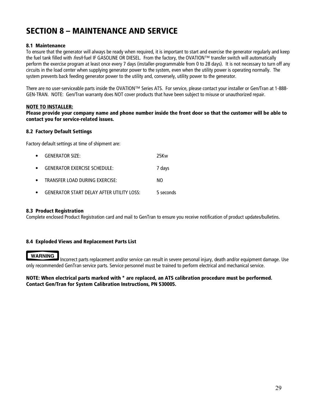 GenTran ATS1001D, ATS2002R manual Maintenance and Service, Product Registration, Exploded Views and Replacement Parts List 