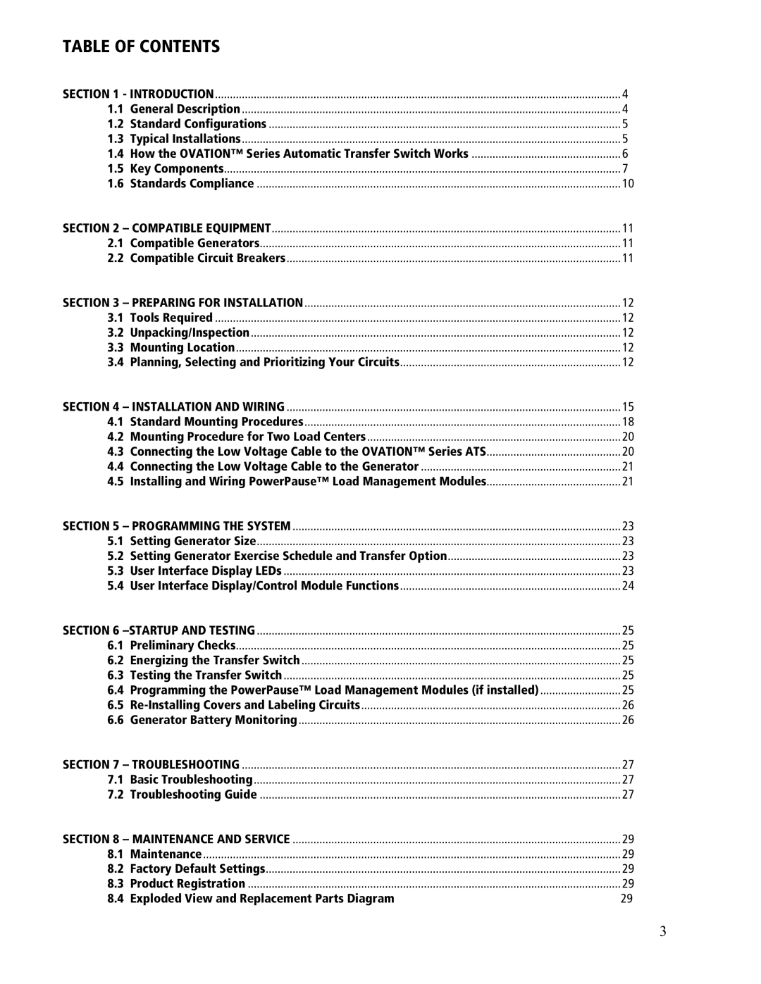 GenTran ATS1001R, ATS2002R, ATS2001R, ATS2001D, ATS1001D manual Table of Contents 