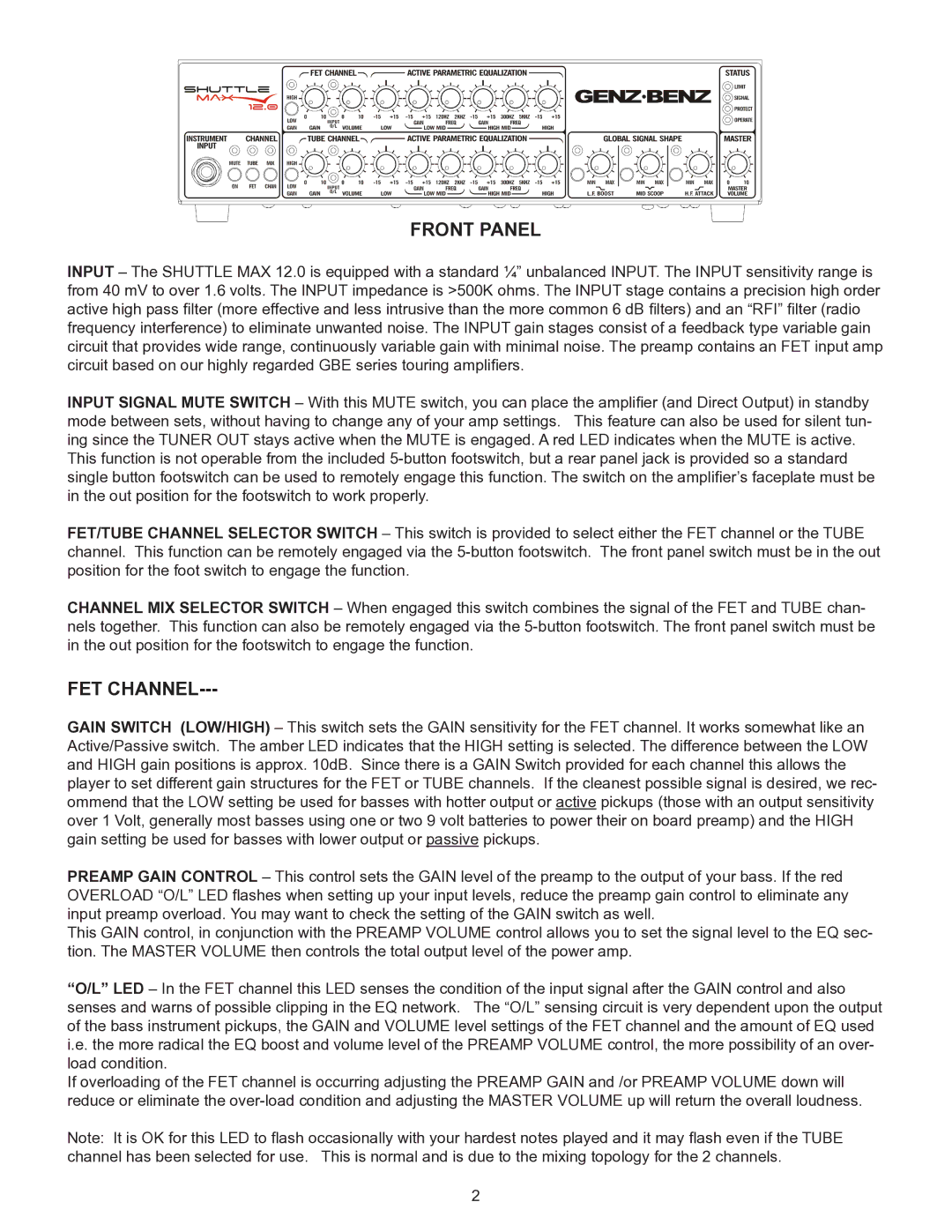 Genz-Benz 12 owner manual Front Panel, FET Channel 