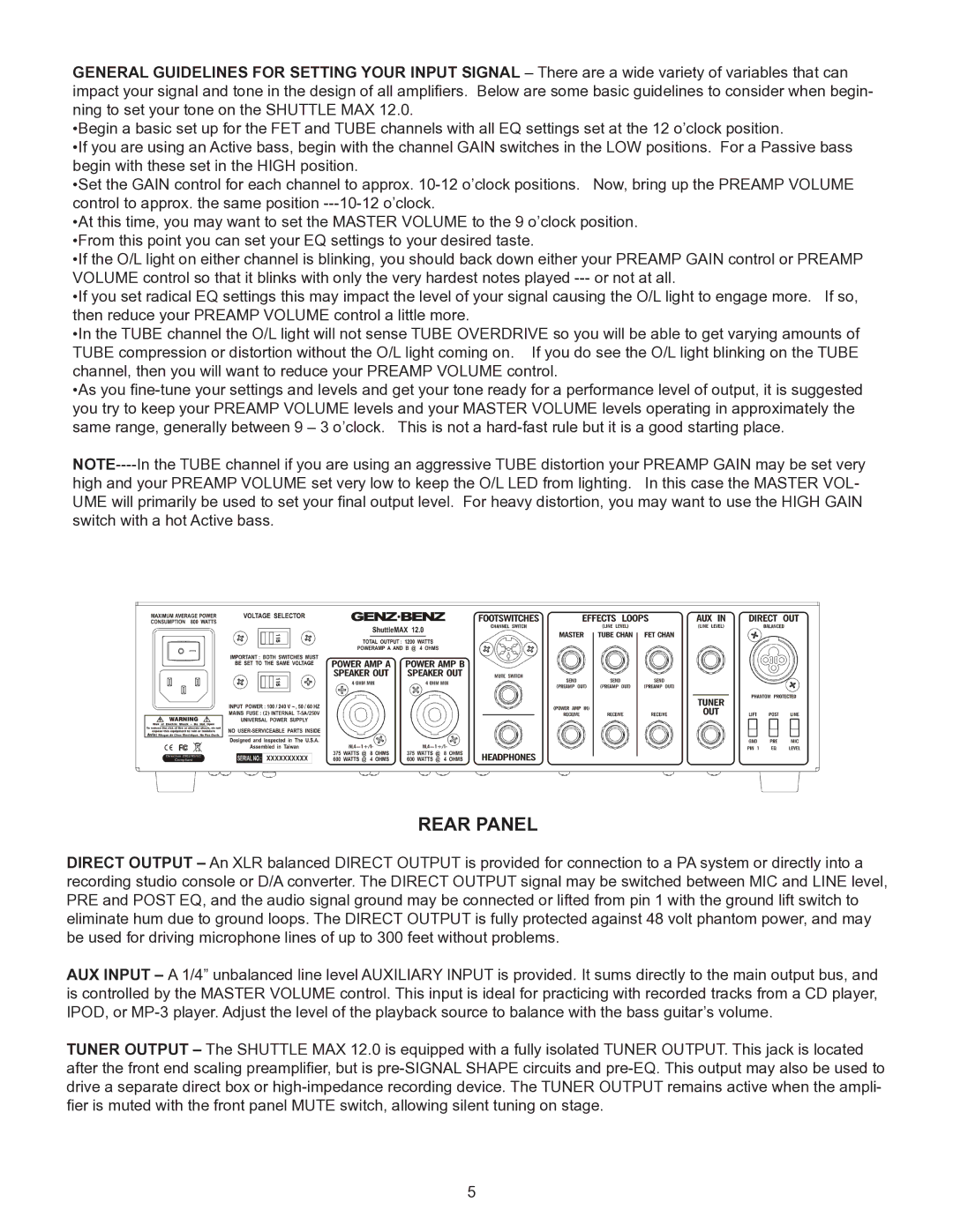 Genz-Benz 12 owner manual Rear Panel 