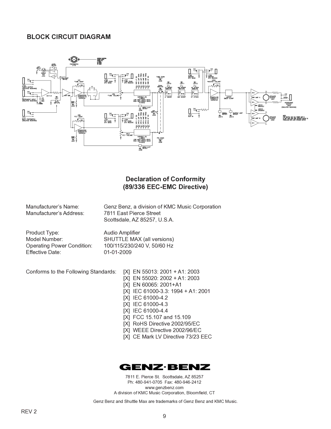 Genz-Benz 12 owner manual Block Circuit Diagram, 89/336 EEC-EMC Directive 