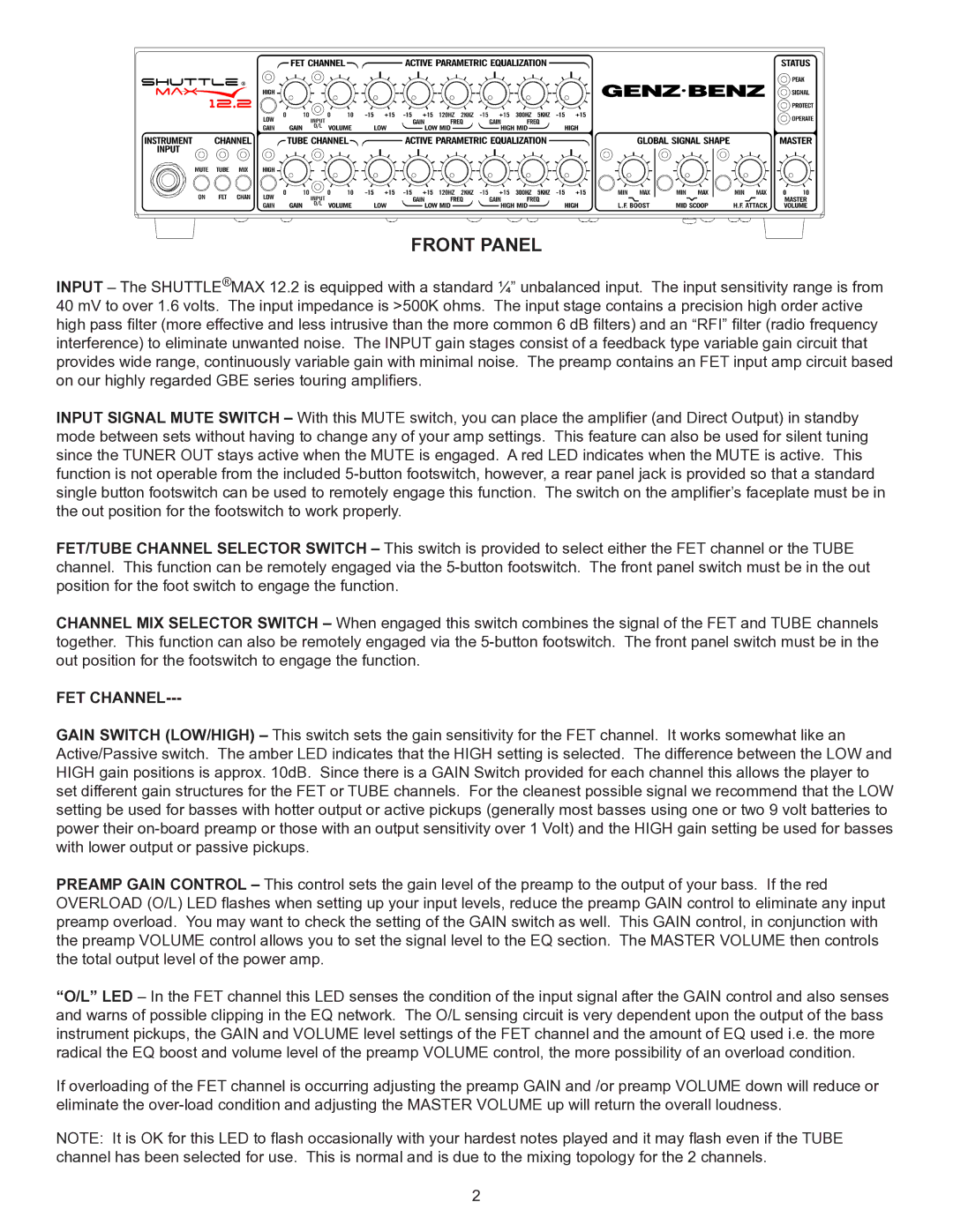 Genz-Benz 12.2 owner manual Front Panel, FET Channel 