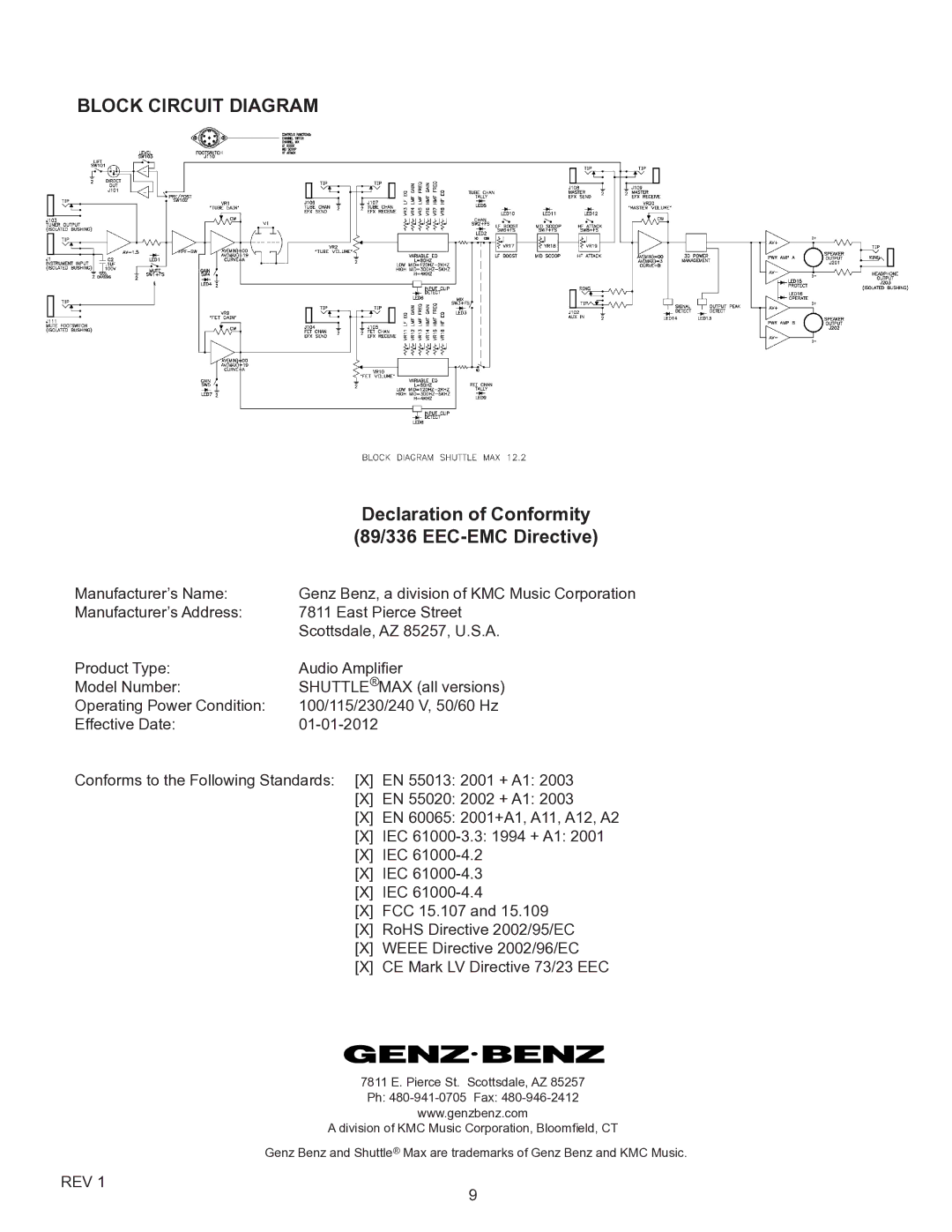 Genz-Benz 12.2 owner manual Block Circuit Diagram, 89/336 EEC-EMC Directive 