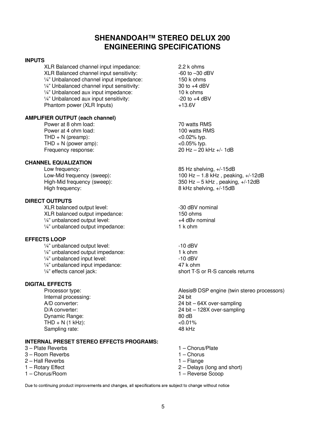 Genz-Benz 200 owner manual Shenandoah Stereo Delux Engineering Specifications 