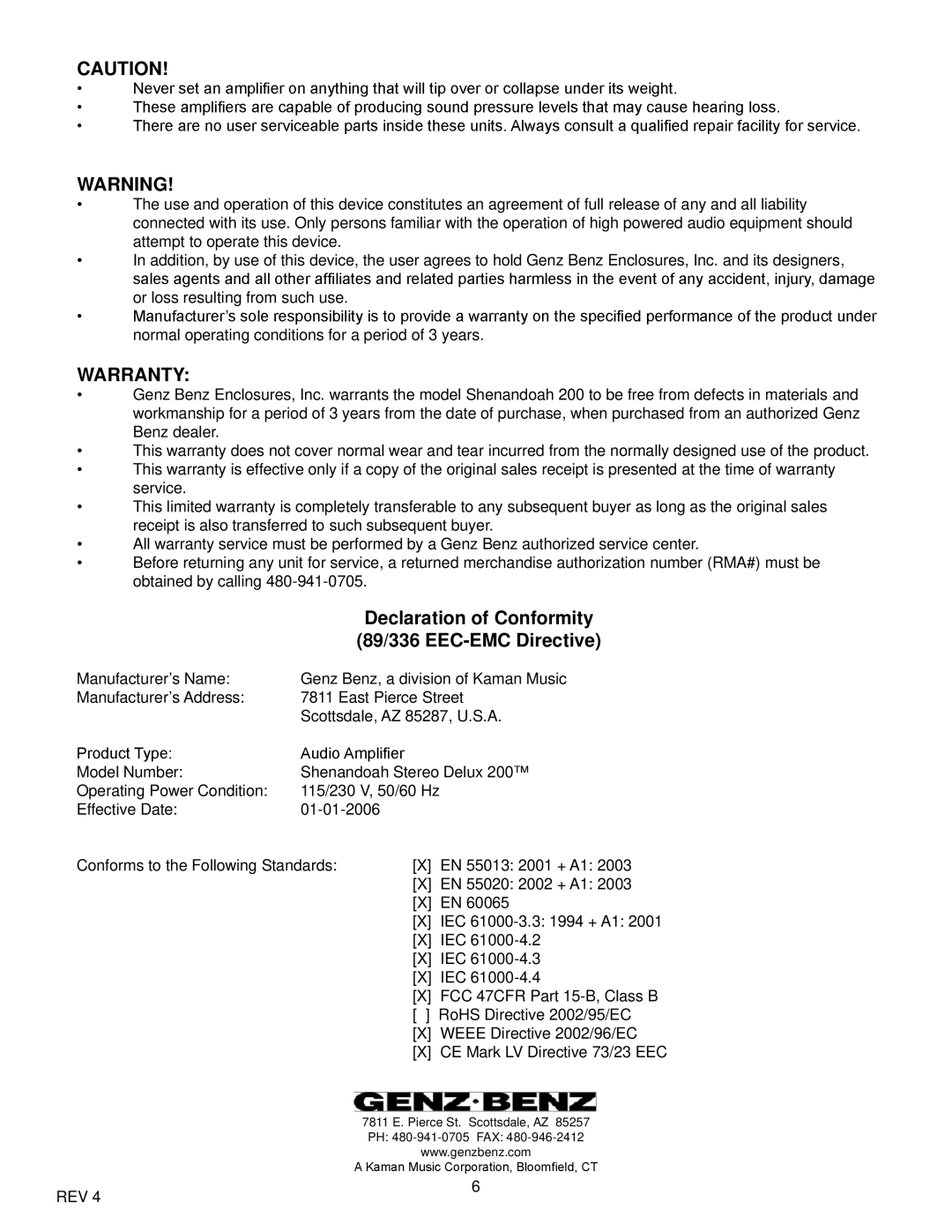 Genz-Benz 200 owner manual Warranty, 89/336 EEC-EMC Directive 