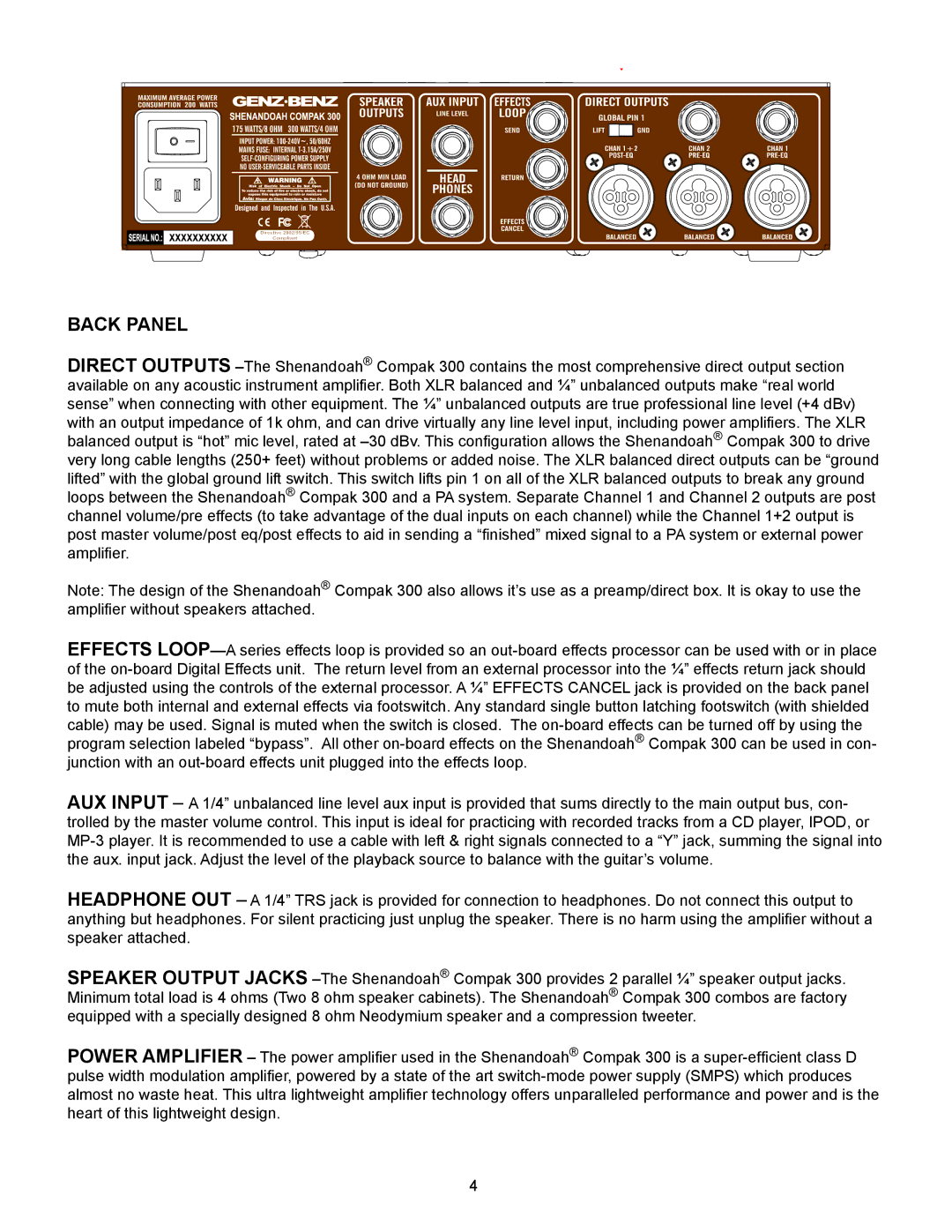 Genz-Benz 300 owner manual Back Panel 