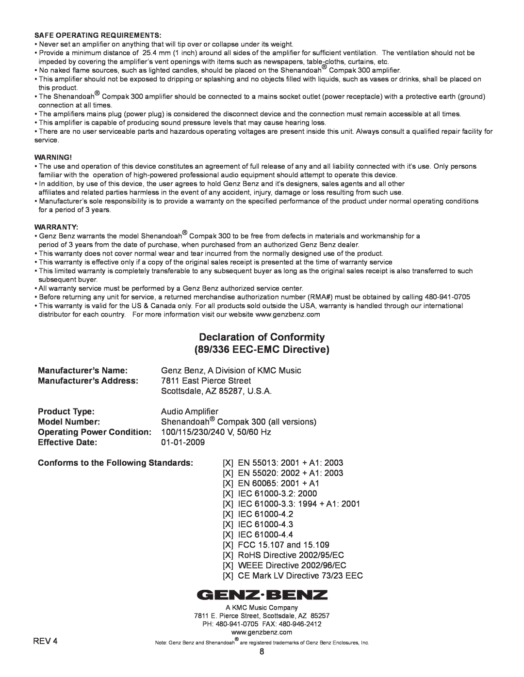Genz-Benz 300 owner manual Declaration of Conformity 89/336 EEC-EMC Directive, Manufacturer’s Name, Manufacturer’s Address 