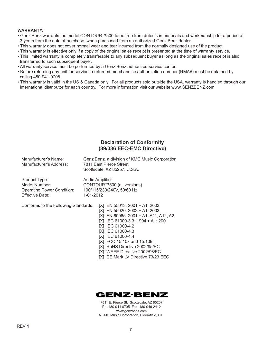 Genz-Benz 500 owner manual Declaration of Conformity, 89/336 EEC-EMC Directive, Warranty 