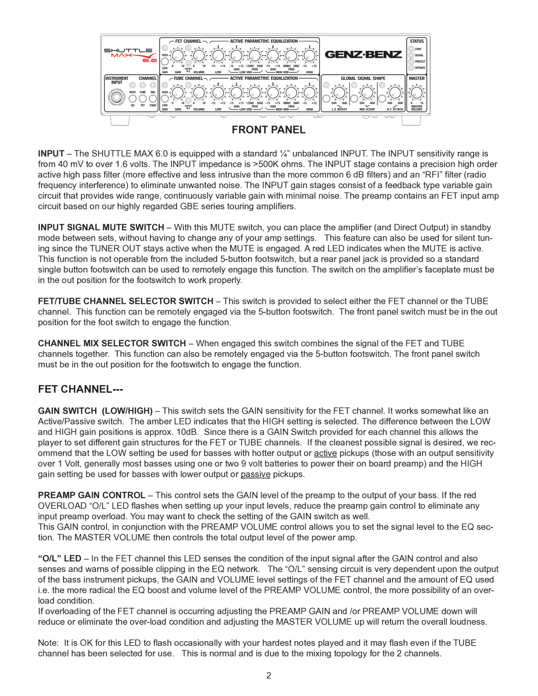 Genz-Benz 6 owner manual Front Panel, FET Channel 