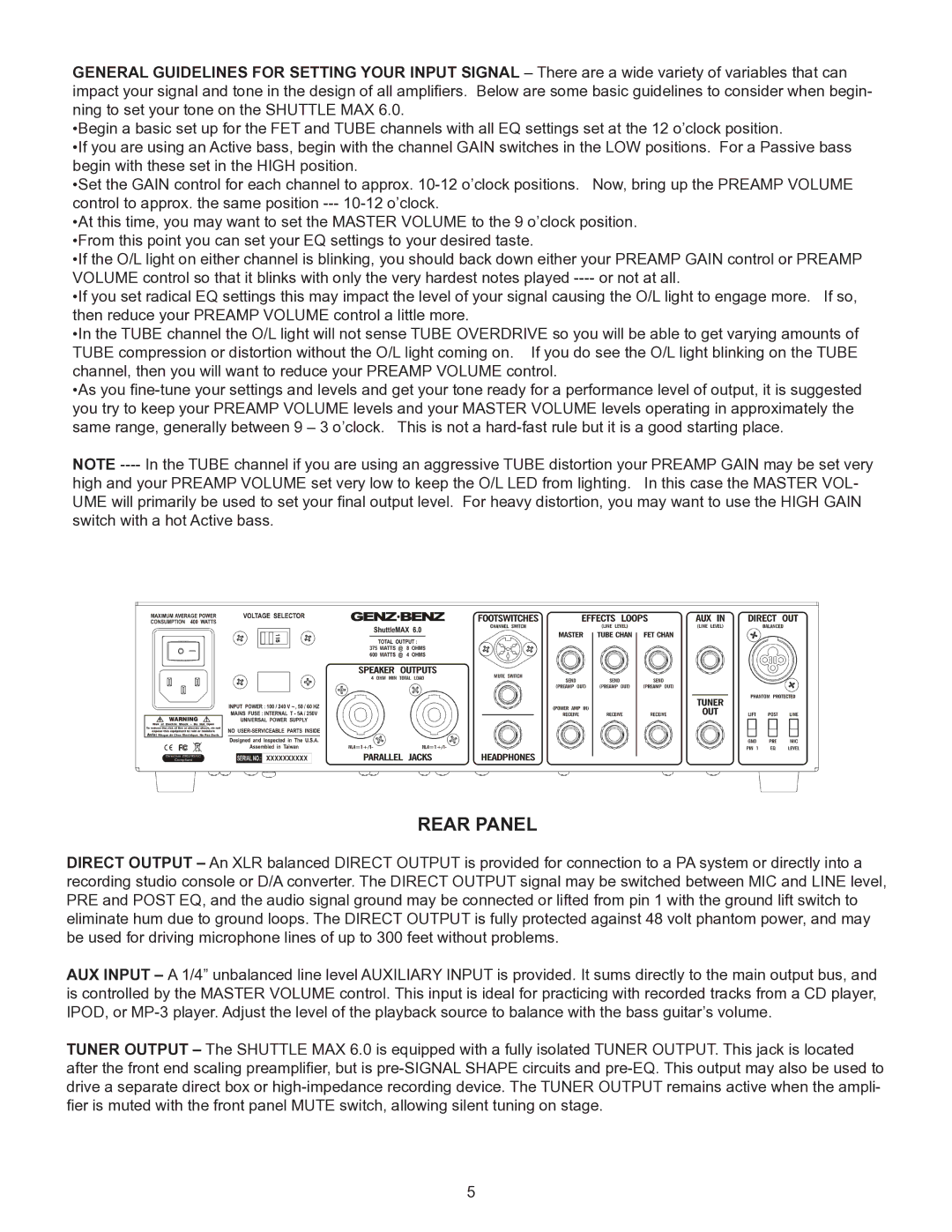 Genz-Benz 6 owner manual Rear Panel 