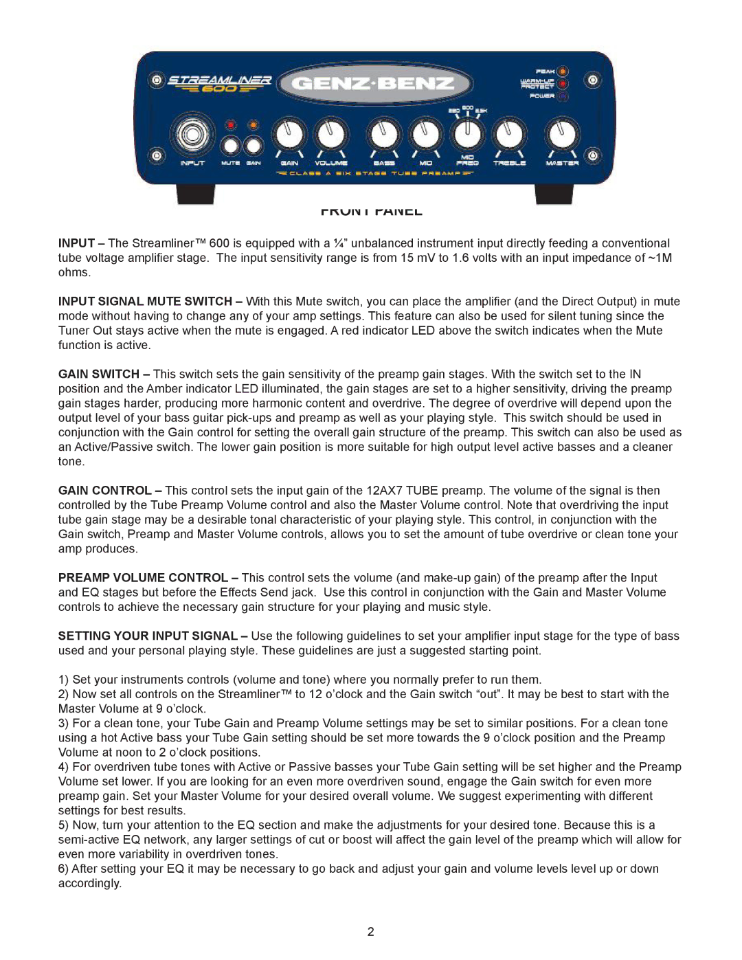 Genz-Benz 600 owner manual Front Panel 