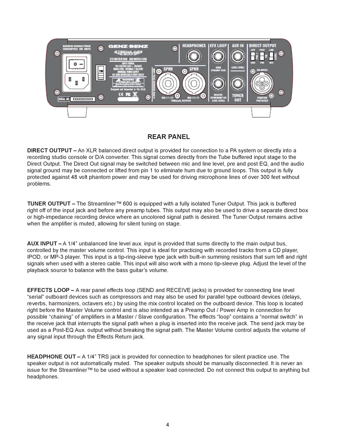 Genz-Benz 600 owner manual Rear Panel 