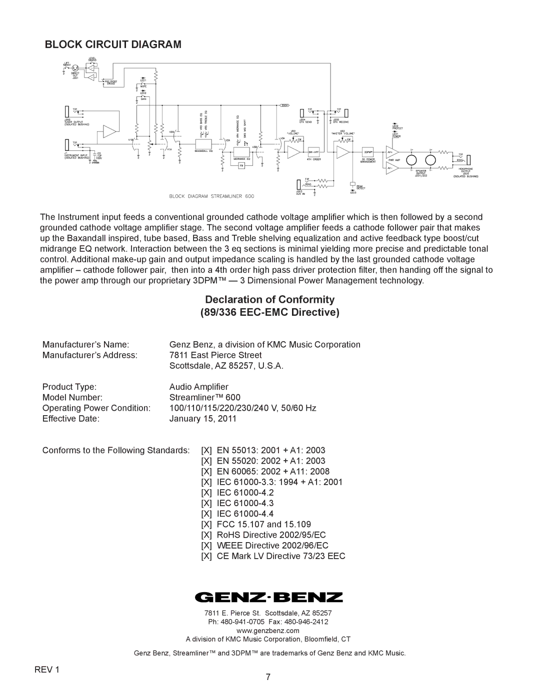 Genz-Benz 600 owner manual Block Circuit Diagram, Declaration of Conformity, 89/336 EEC-EMC Directive 